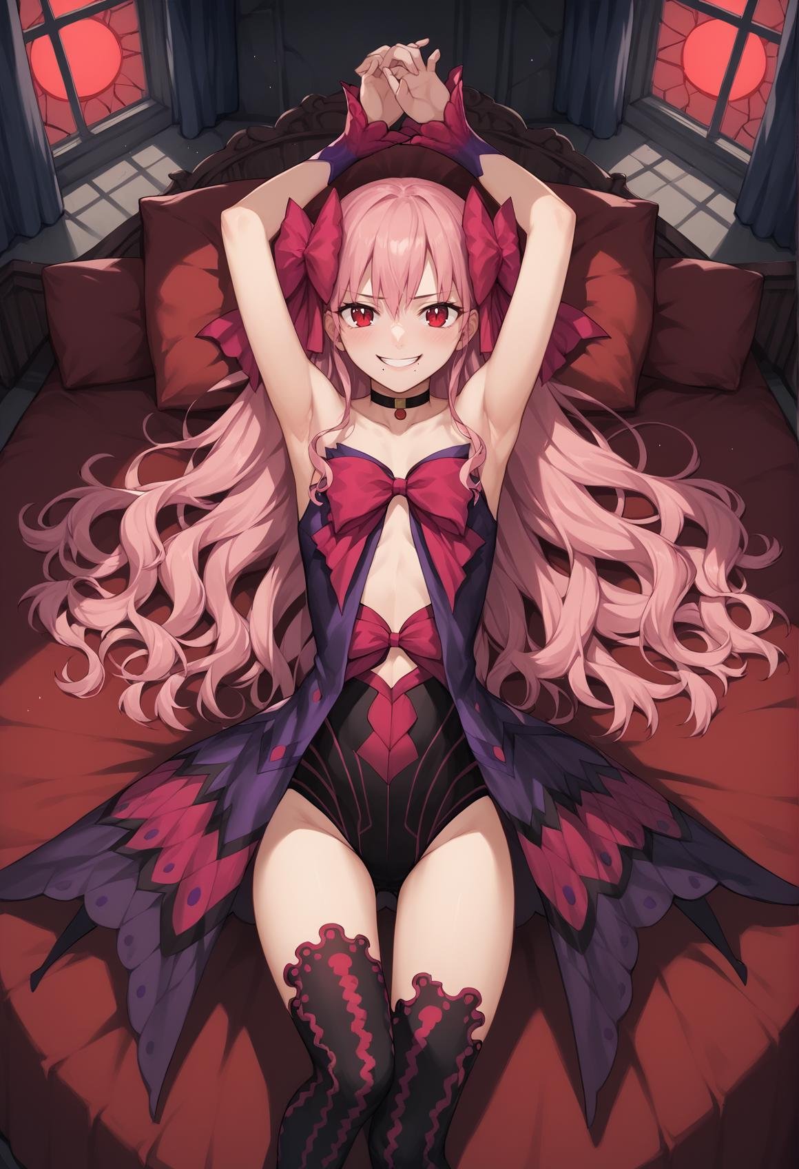 1girl, really long hair, pink hair, red eyes, mole under mouth, hair bow, choker, ribbon, leotard, center opening, bare shoulders, black thighhighs, wrist cuffs, laying, on back, arms up, blushing, evil smile, sexually suggestive, toeless legwear, indoors, gothic, bedroom, castle, window, red moon <lora:Apostle_Noel:1>, score_9, score_8_up, score_7_up, score_6_up, score_5_up, score_4_up, BREAK source_anime, masterpiece