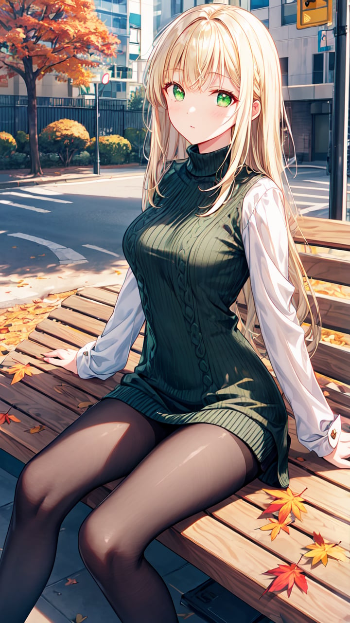 masterpiece,best quality,highres,illustration,hyper detailed,8k cg wallpaper,ray tracing,((blonde hair:1.2)),((long hair:1.2)),((straight hair:1.2)),((green eyes:1.2)),medium breasts,(hiten1:0.8),<lora:add_detail:1>,sweater dress,black pantyhose,sitting,long sleeves,park bench,autumn leaves:1.2,