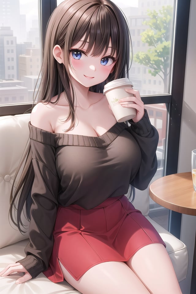 insanely detailed, absurdres, ultra-highres, ultra-detailed, best quality,1girl, solo, nice hands, perfect hands,BREAKwearing sweater, off shoulder sweater, one piece sweater, sweater with long sleeves, bare shoulder, collarbone, red skirtBREAKhappy smile, laugh, closed mouth,sitting, holding coffee cup,45 angle, cowboy shot, looking at viewerBREAKslender, kawaii, perfect symmetrical face, ultra cute girl, ultra cute face, ultra detailed eyes, ultra detailed hair, ultra cute, ultra beautiful,BREAKindoors, in coffee shopBREAKlarge breasts, black hair, long hair, black eyes