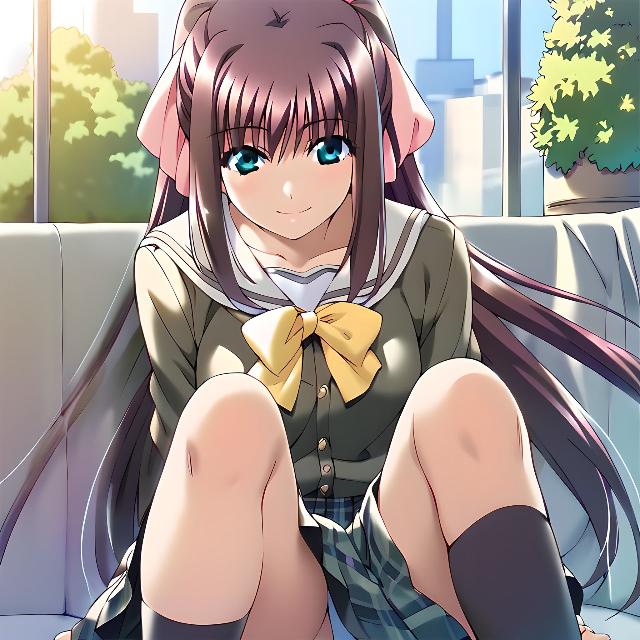 <lora:pony_xl_ren:0.8>,ren,score_9,score_8_up,score_7_up,source_anime,1girl,school_uniform,socks,loafers,city,smile,