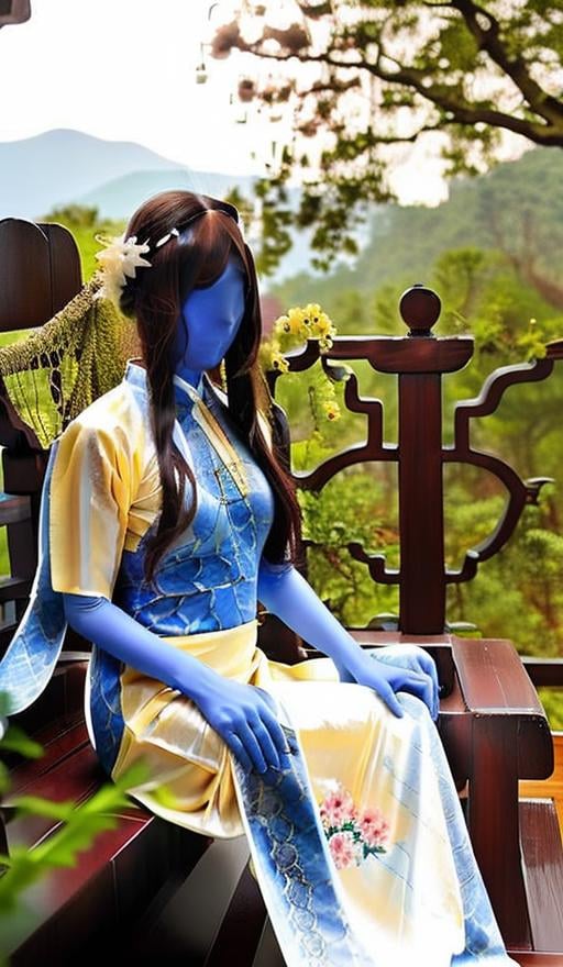 masterpiece, best quality,ultra detailed, a woman, sitting on a bench, wearing a blue bodysuit, shiny complicated snake skin pattern on her skin,  long and thin legs, thin body, heels, small Breast, long black hair, dramatic lighting,  specular skin, facing camera, clear face, forest background, <lora:taiwanDollLikeness_v1:0.25>   <lora:zentaiV1.8:1>, wearing song hanfu, Chinese traditional clothing,  white and yellow silk dress, flowers on head, carvings and patterns on dress, complicated decorations on head, white hair, <lora:hanfu_v30Song:0.4> natural soft lighting, 