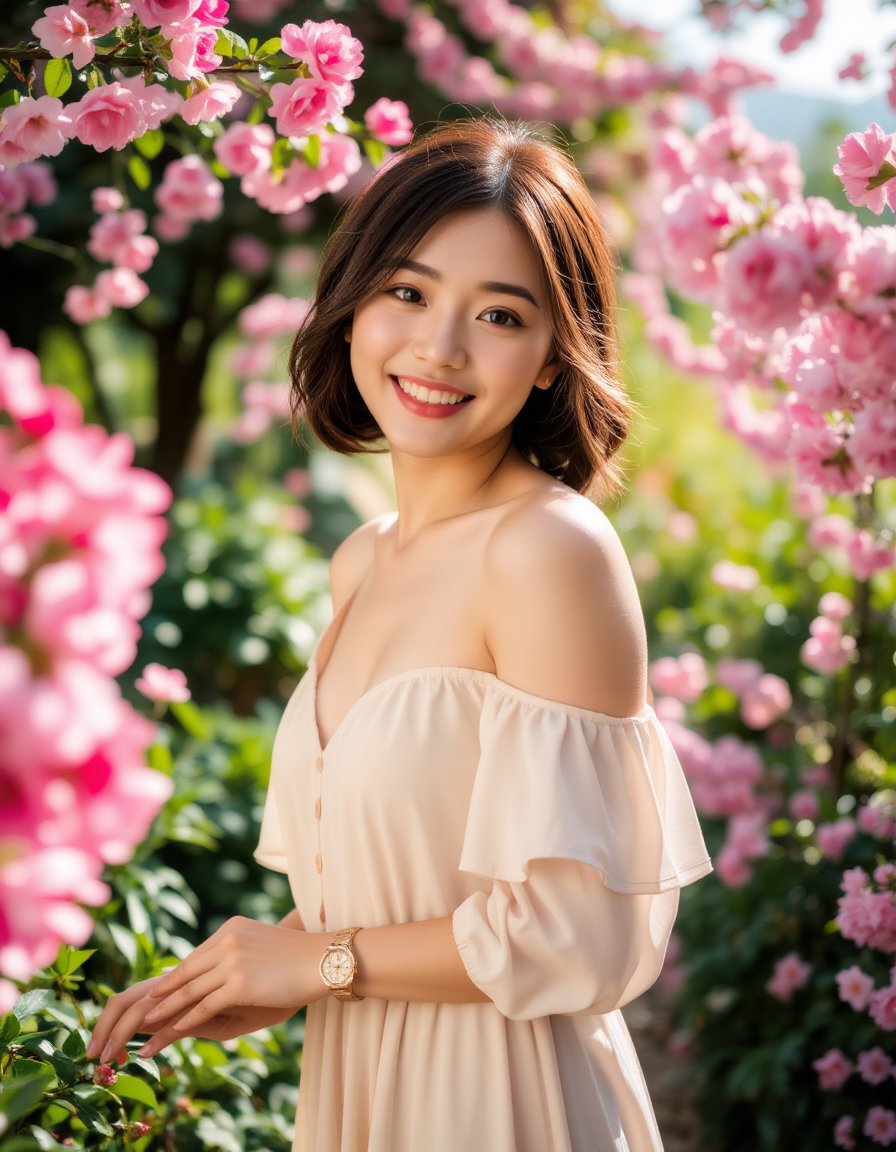 A high-quality photograph of a young woman standing in a vibrant garden, smiling brightly. She has short, wavy brown hair that catches the light, and she is wearing a light-colored, flowing dress with a subtle floral pattern. Her right hand is gently lifted to touch her hair, revealing a delicate wristwatch that adds a touch of elegance to her look. The soft lighting enhances the dreamy quality of the scene, while the sharp focus on the woman emphasizes her joyful expression and graceful pose. The overall mood is one of relaxation and happiness, with the vibrant garden and her radiant smile perfectly capturing the essence of a peaceful, carefree moment. The backdrop is filled with lush greenery and vibrant cherry bloom flowers that frame the scene beautifully, creating a romantic and serene atmosphere  <lora:hinaFluxAsianMixLora-schnell_v2:0.9>