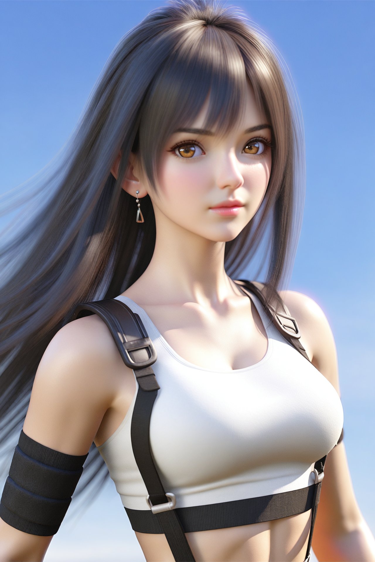 (masterpiece),(best quality),illustration,ultra detailed,hdr,Depth of field,(colorful),realistic,octane render,3D CG,1girl,tifa lockhart,solo,long hair,earrings,black hair,jewelry,suspenders,crop top,breasts,looking at viewer,upper body,brown eyes,bangs,shirt,gloves,elbow gloves,midriff,elbow pads,medium breasts,lips,tank top,blue background,white tank top,artist name,bare shoulders,closed mouth,white shirt,sports bra,sleeveless,