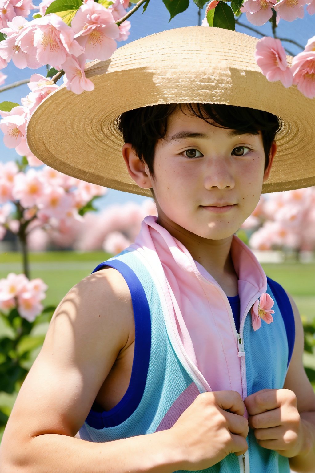 masterpiece,1Boy,Facing the audience,Spring,Sports vest,Outdoor,Garden,Peach blossom,Flying petals,Tri-X 400 TX,There is plenty of sunshine,Sunshade hat,35mm,Asian boy,textured skin,super detail,best quality,