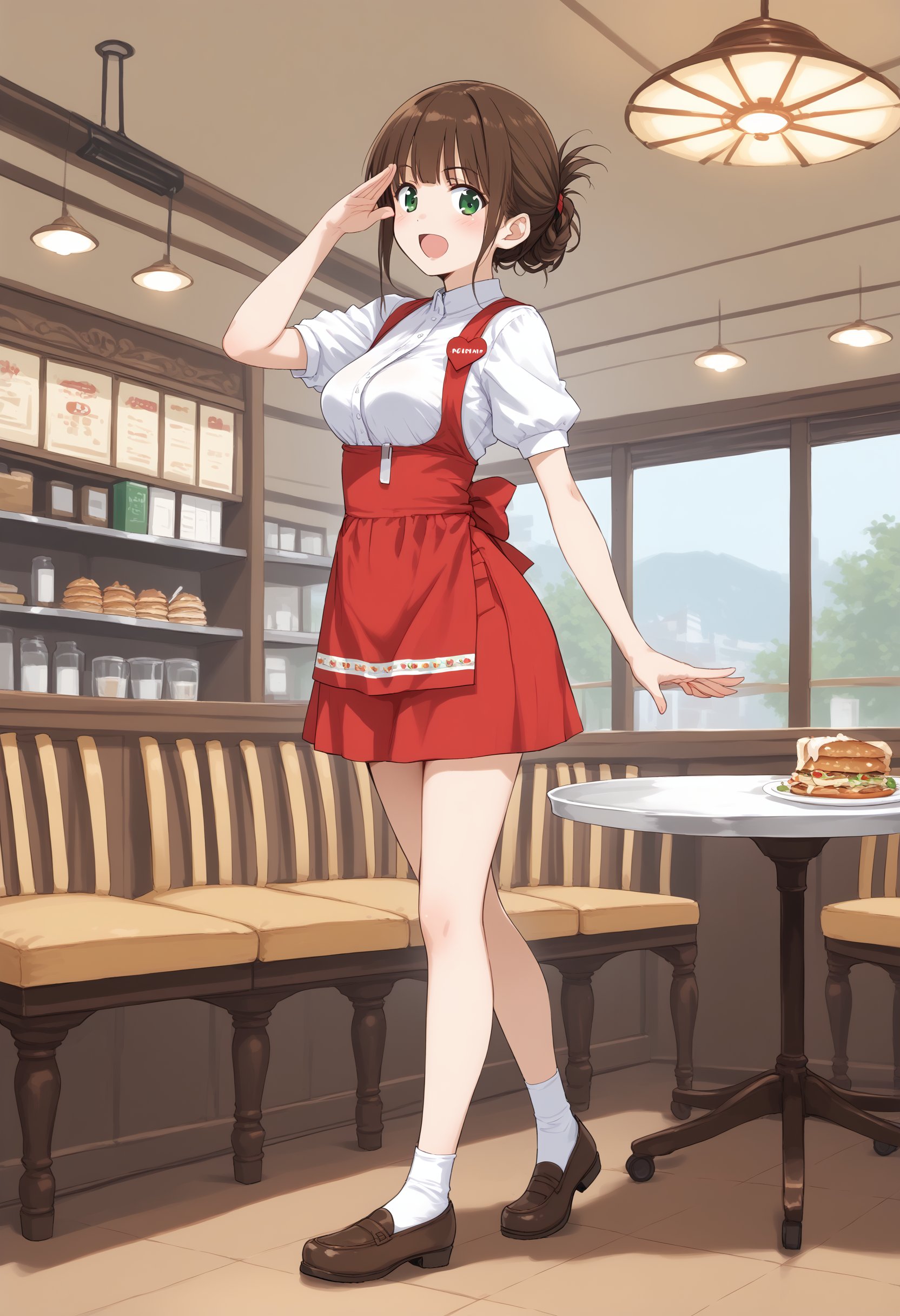 1girl, medium breasts,anna miller ,waitress,name tag,high-waist skirt,suspender skirt, apron,restaurant,  <lora:annamiller_Pony_v1:0.8>ceiling, full body, looking back, brown hair, green eyes,facepalm, open mouth, folded ponytail hair,