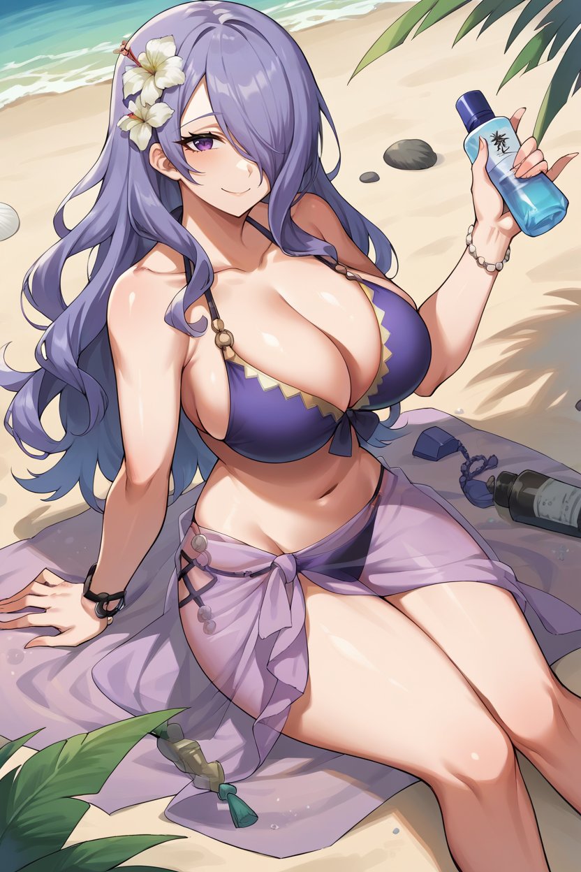 score_9, score_8_up, source_anime, 1girl, solo, <lora:camilla-pdxl-nvwls-v1-000005:1> sumCm, hair over one eye, hair flower, white flower, purple bikini, see-through sarong, beach, sand, large breasts, holding bottle of lotion, sitting, on ground, knees, smile, looking at viewer