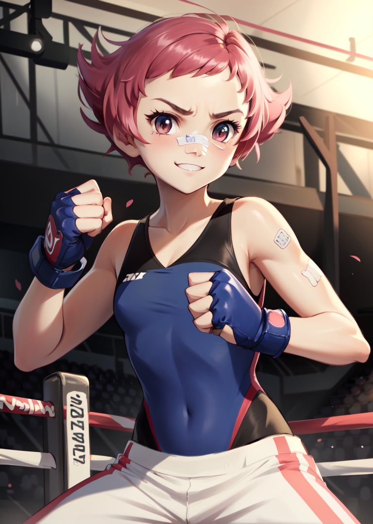 masterpiece, best quality, maylene, blue tank top, white pants, band-aid on nose, fingerless gloves, fists, upper body, furrowed brow, fighting stance, looking at viewer, smile, gymnasium <lora:maylene-nvwls-v1-000014:0.9>