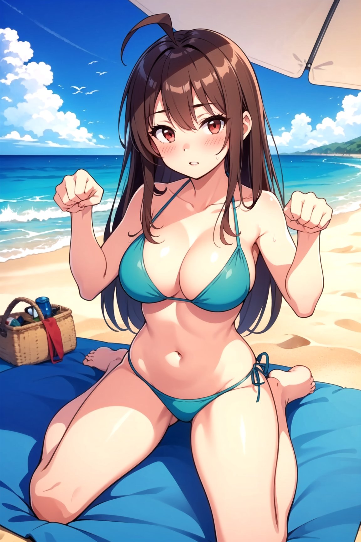 1girl, swimsuit, breasts,  (large ass:1.2), (feet:1.2), (blush:1.2) ahoge, bikini, solo, brown hair, long hair, beach, day, sitting, outdoors, green bikini, large breasts, cleavage, sky, red eyes, looking at viewer, ocean, navel, barefoot, hand between legs, blue sky, blush, between legs, wariza, parted lips, collarbone, cloud, sand, (paw pose:1.3), (beach towel:1.2)