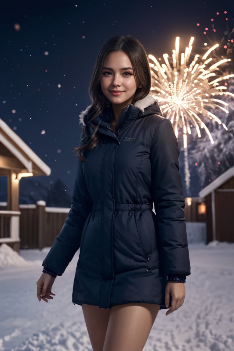 1girl, happy new year, flare, ((firework:1.5)), night, night sky, perfect anatomy, outdoor, detailed face, detailed finger, perfect light, best quality, high res, ultra hd, casual dress, snow, wind, girl focus, (skinny legs:1.4), detailed skin texture, (blush:0.2), (goosebumps:0.3), subsurface scattering, realistic,  <lora:SH_ModelV2:0.6>