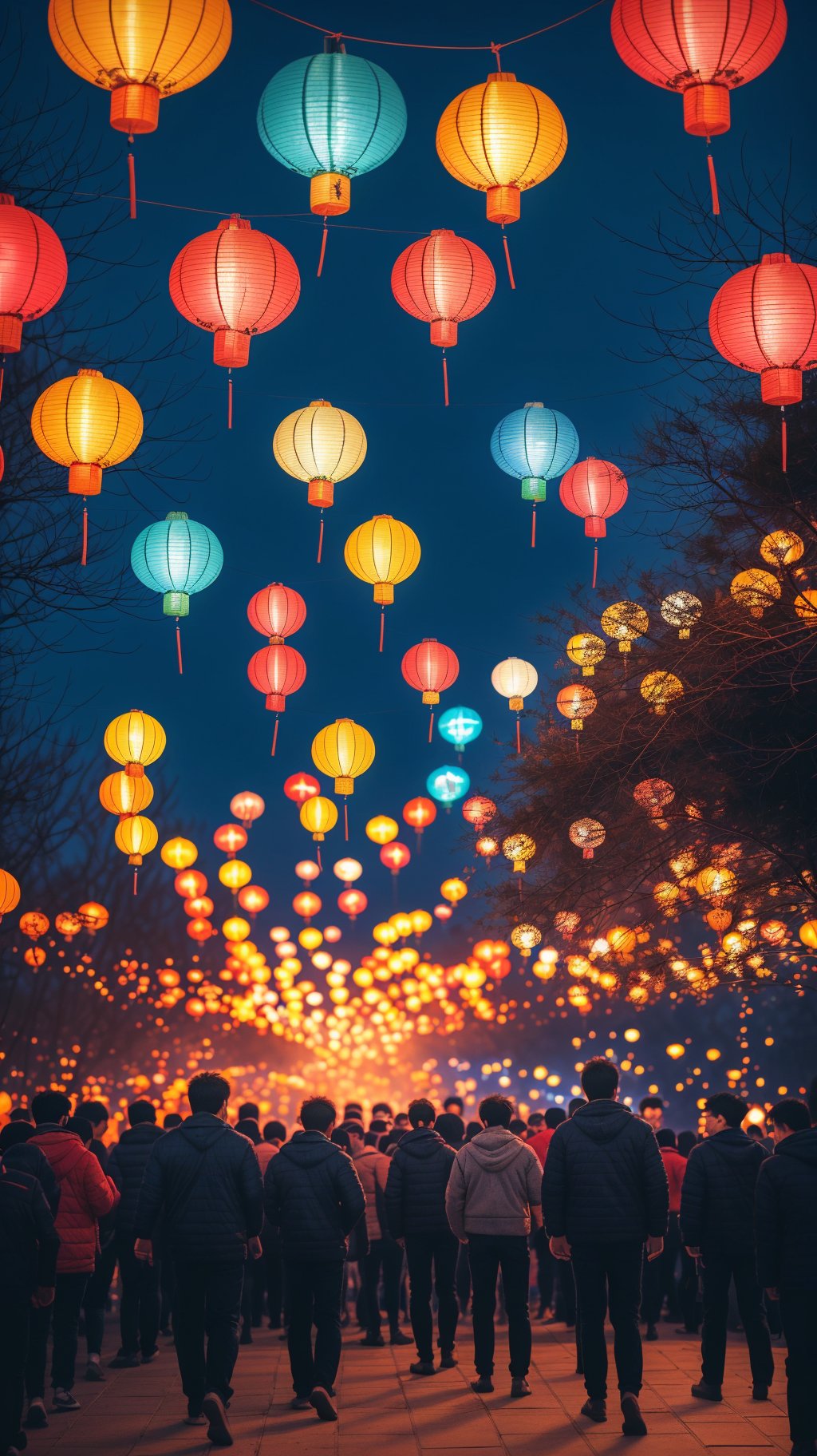 lantern,paper lantern,night,multiple boys,sky,tree,crowd,night sky,multiple girls,walking,6+boys,bag,