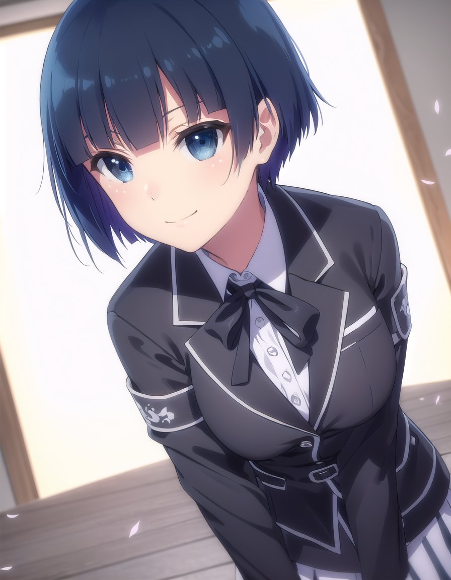 skyozakura, <lora:sk yozakura s1-lora-nochekaiser:1>,yozakura, short hair, blue eyes, hair ornament, blue hair, hair flower,BREAK shirt, long sleeves, ribbon, school uniform, jacket, white shirt, black ribbon, neck ribbon, buttons, grey jacket,BREAK indoors, classroom,BREAK looking at viewer, (cowboy shot:1.5), smile,BREAK <lyco:GoodHands-beta2:1>, (masterpiece:1.2), best quality, high resolution, unity 8k wallpaper, (illustration:0.8), (beautiful detailed eyes:1.6), extremely detailed face, perfect lighting, extremely detailed CG, (perfect hands, perfect anatomy),