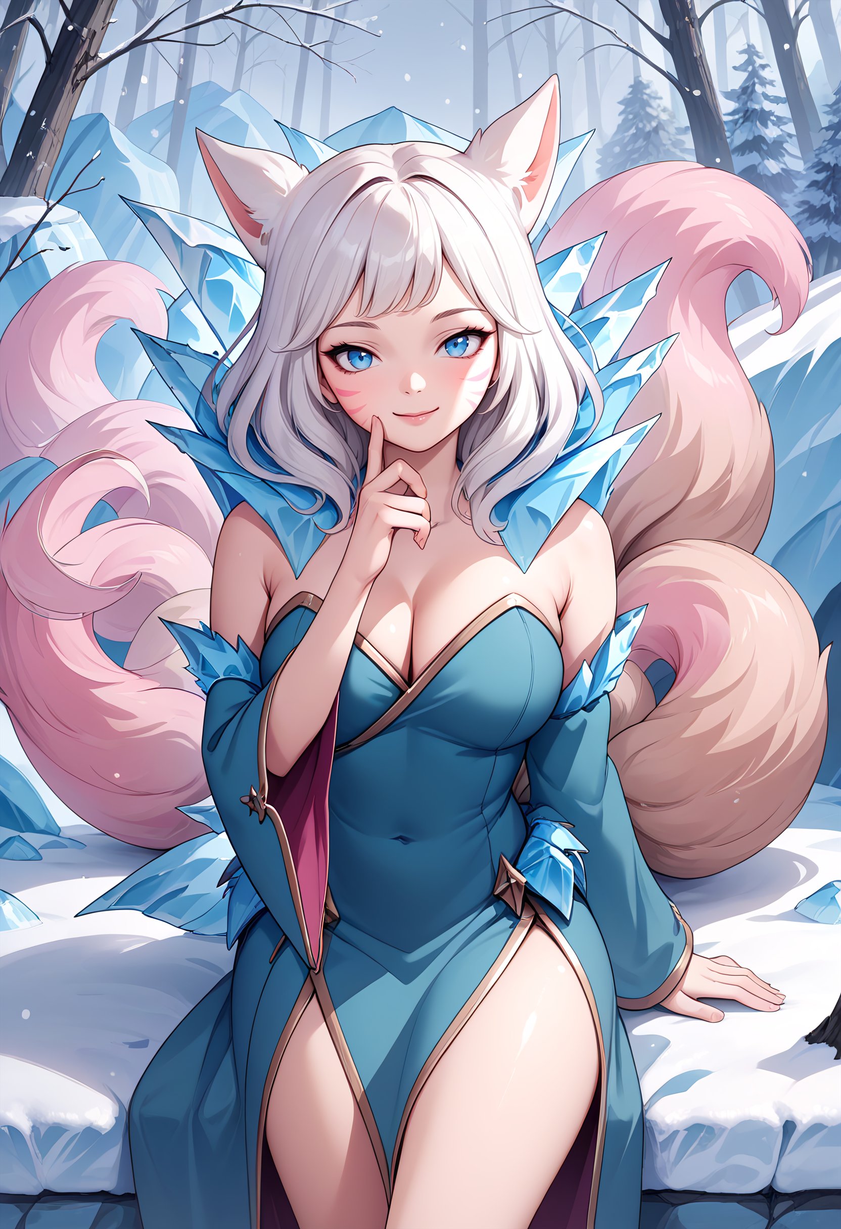 score_9, score_8_up, score_7_up, source_anime BREAK 1girl, solo, looking at viewer, cowboy shot, <lora:Ahri_WinterQueen_pdxl_Incrs_v1:1>, ahriWntrQun, animal ears, facial mark, fox tail, multiple tails, pink tails, long hair, white hair, blue eyes, large breasts, ice, blue dress, strapless dress, bare shoulders, cleavage, detached sleeves, wide sleeveslarge breasts, skindentation,smile, hand on own chin, thinking, outdoors, winter, snowing, nature, forest,