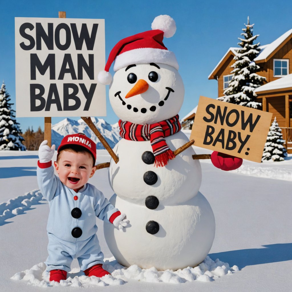 Photo of vanilla ice and snowman with a sign that says "snow man baby"