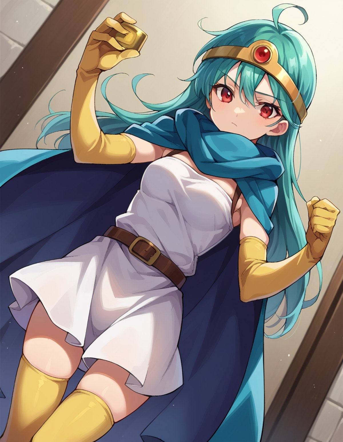 score_9, score_8_up, score_7_up, source_anime,dqsage, <lora:dq-sage-ponyxl-lora-nochekaiser:1>,sage, ahoge, aqua hair, red eyes, long hair,belt, buckle, cape, capelet, circlet, cloak, dress, elbow gloves, gloves, scarf, short dress, sleeveless, sleeveless dress, thighhighs, yellow gloves,indoors,looking at viewer, dutch angle, cowboy shot,