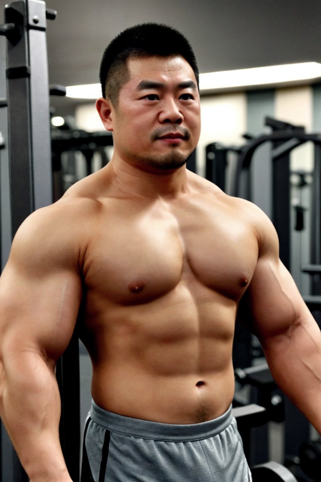 zhuangxiong,male focus,bara,expose pectoral muscle,gym,(plump:0.3),