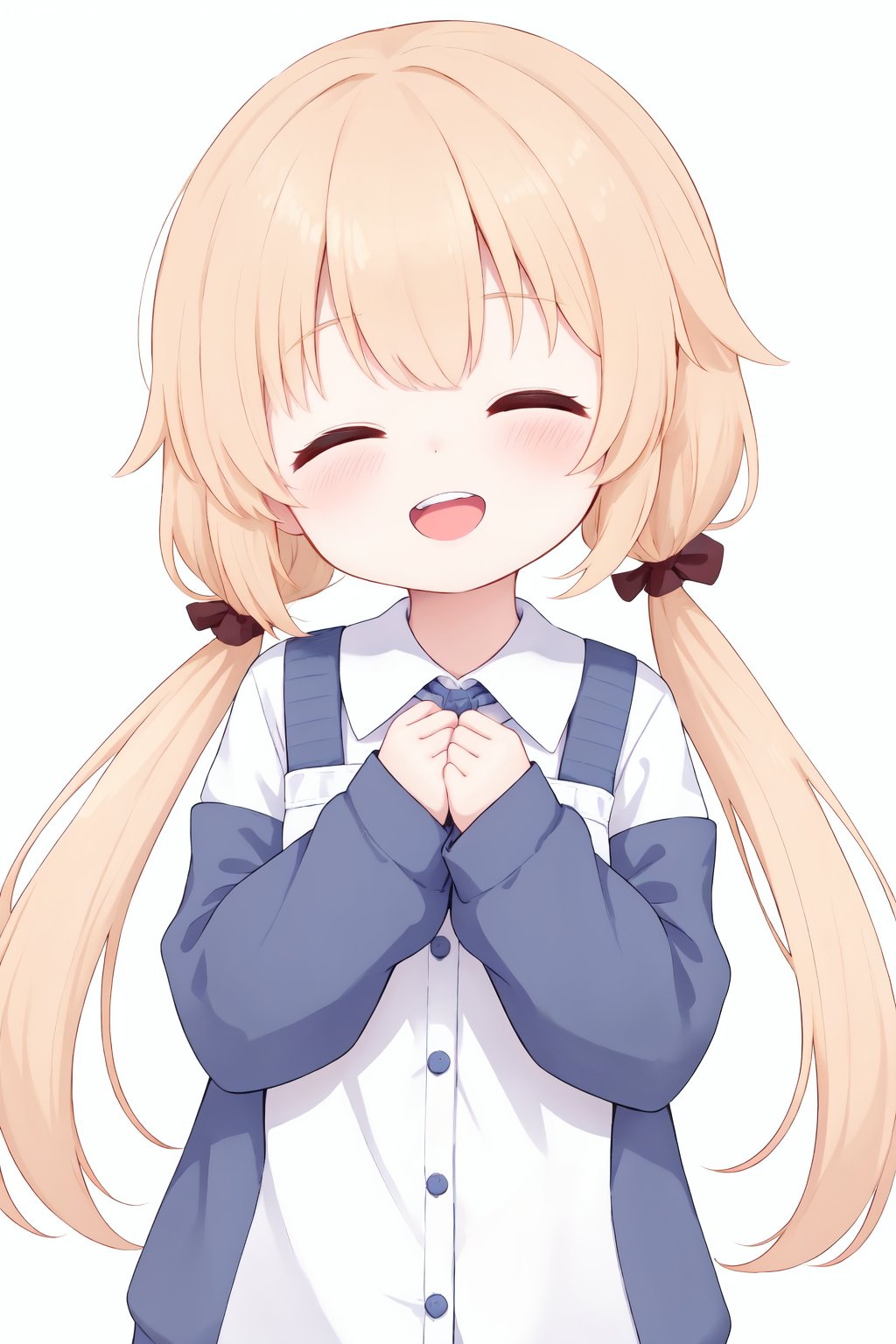 1girl, solo, sleeves past wrists, white background, closed eyes, twintails, long hair, collared shirt, blush, facing viewer, ^ ^, smile, bangs, hifumi \(blue archive\), long sleeves, upper teeth only, teeth, low twintails, :d, sleeves past fingers, light yellow hair, open mouth,