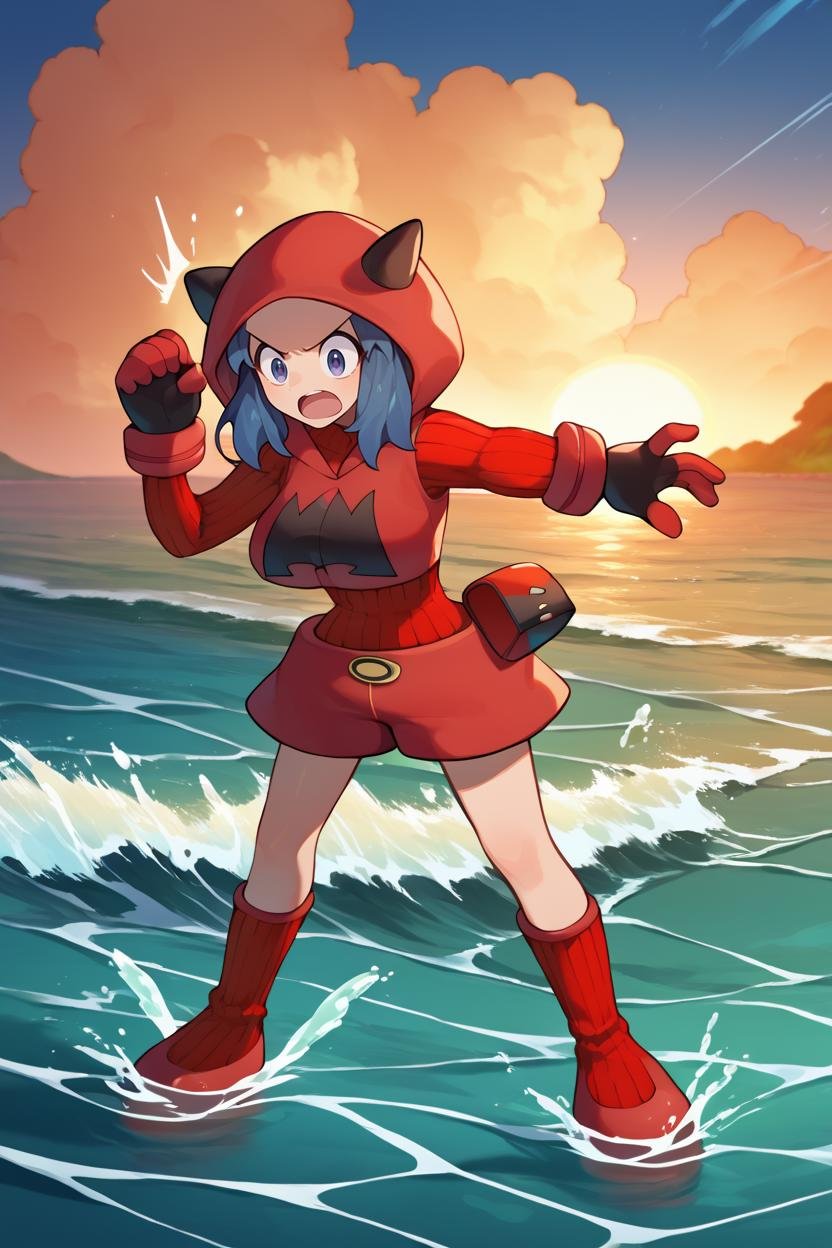 score_9, score_8_up, score_7_up, score_6_up, source_anime BREAK 1girl, <lora:pkmntmg-pdxl-nvwls-v1-000005:1> pkmntmg, hood, blue hair, fake horns, red hoodie, turtleneck, ribbed sweater, red shorts, gloves, (big breasts:0.6), shocked, tsunami, huge wave, beach, wide shot, red boots, dark skies, whole body, water