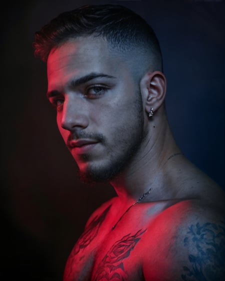 <lora:jordan_torres_v2:0.5> jordan_torres <lora:Studio_lighting:1> Studio lighting, low saturation, (red and blue lighting), grey background, realistic Photo of a young boy, muscular man, close up portrait, dark, hairy, windows, close up portrait, high detail, realistic, high detail, 8k, (Masterpiece, high quality:1.3), masterpiece, depth of field, bokeh, detailed, homoerotic, (homoerotic), highly detailed, sharp focus, intricate, smooth, elegant, fantasy, masterpiece, matte, photorealistic, 4k, beautiful,