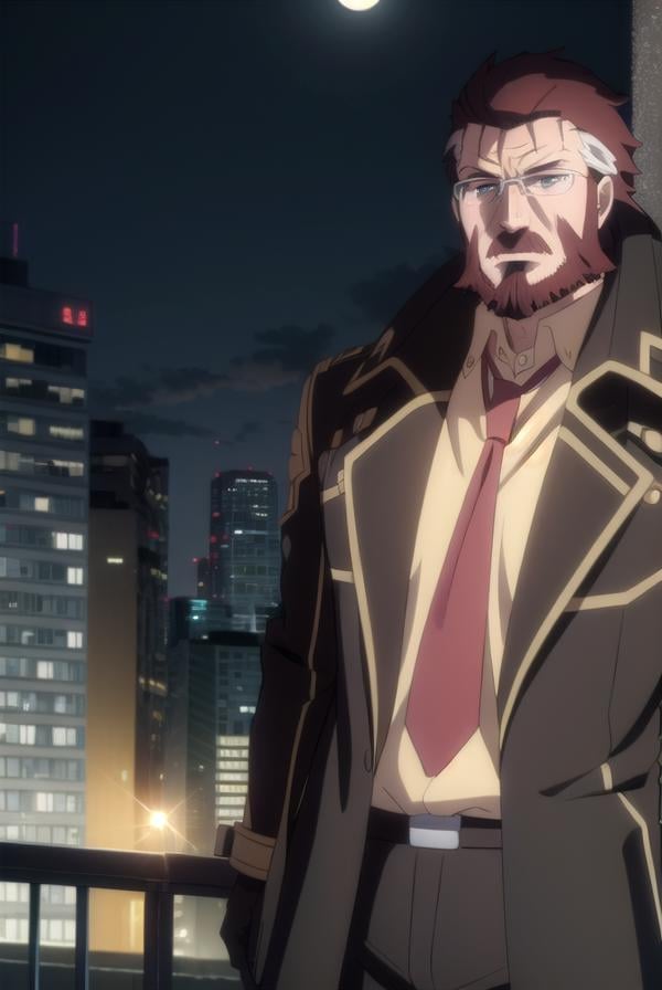 blitztalker, <lora:blitz talker s1-lora-nochekaiser:1>,blitz talker, brown hair, male focus, red hair, multicolored hair, facial hair, scar, (black eyes:1.5), beard, glasses,BREAK shirt, gloves, necktie, black gloves, coat, yellow shirt,BREAK outdoor, city, night, sky, buildings, moon, clouds,BREAK looking at viewer, (cowboy shot:1.5),BREAK <lyco:GoodHands-beta2:1>, (masterpiece:1.2), best quality, high resolution, unity 8k wallpaper, (illustration:0.8), (beautiful detailed eyes:1.6), extremely detailed face, perfect lighting, extremely detailed CG, (perfect hands, perfect anatomy),