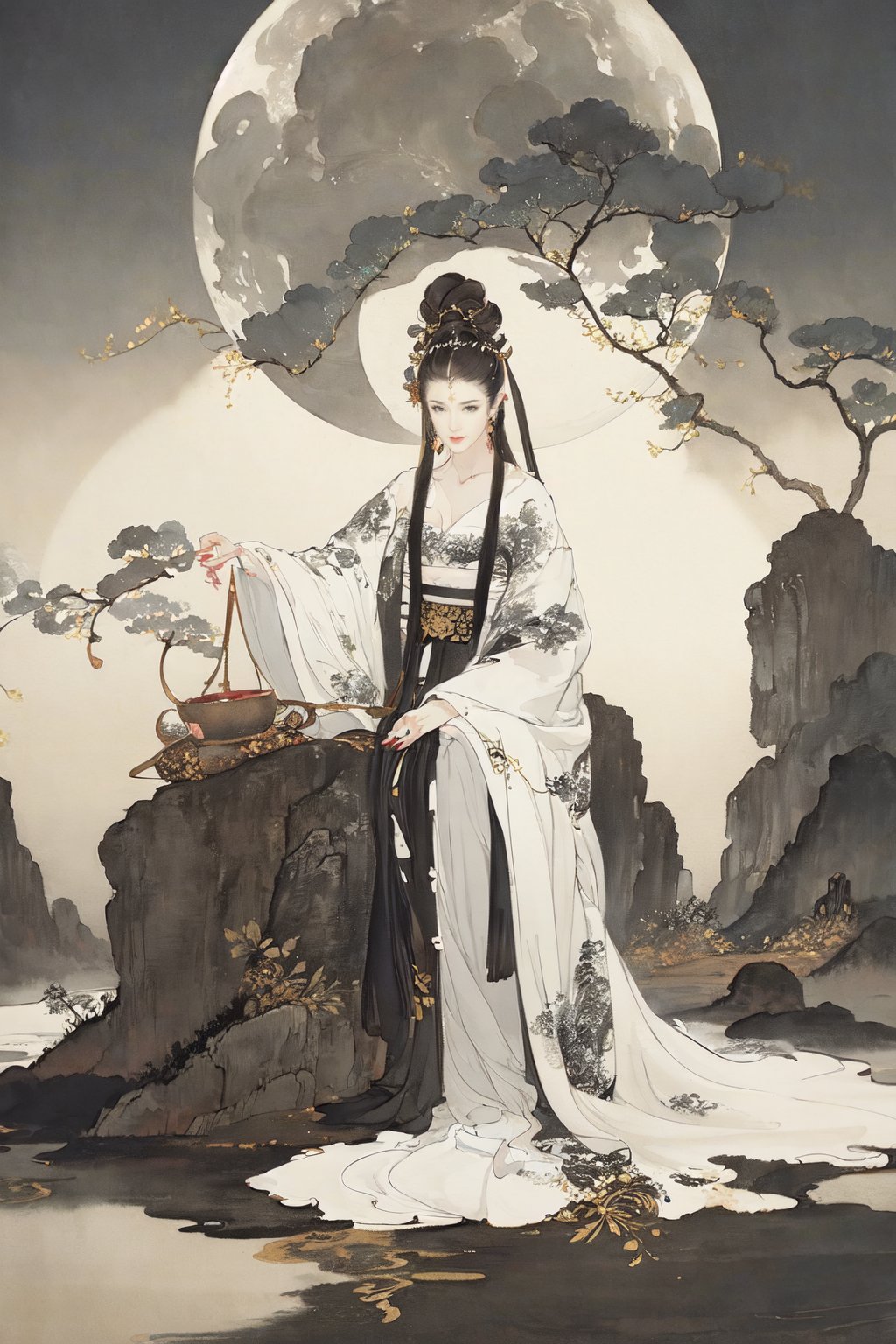 best quality, masterpiece, 8k, ultra high res, (photorealistic:1.4), highly detailed, intricate detail, delicate and beautiful, good lighting, professional lighting, sharp focus, detailed shadows, exquisite details and textures, depth of field, unity 8k wallpaper,1girl,night, huge full moon, outdoor, Hanfu, full body, courtyard, branches, flowers, grass,(black and white ink painting:1.8)