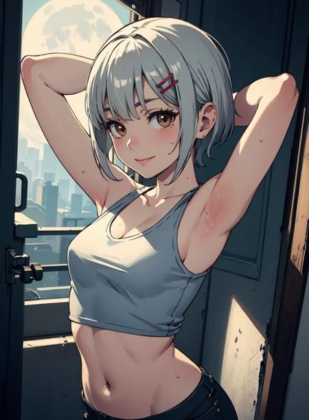 4k, fine detail, masterpiece, high quality eyes,perfect light, soft shadows, best character art , 1 girl, half nude, open clothes, small breasts ,armpits, arms up, bandaid on arm, blush, brown eyes, brown gloves, dirty, dirty clothes, dirty face, full moon, gloves, hair ornament, hairclip, headset, midriff, short hair, silver hair, smile, sweat, tank top,