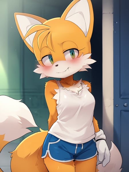 1girl, sfw, safe for work, shorts, shirt, looking at viewer,  standing, score_9, score_8_up, score_7_up, score_6_up, 8k,  <lora:DAGASI_Dagashi_SegaSonic_Miles_Tails_Prower_Character_PonyXL:1> tails (sonic), furry male, fox boy, fox tail, orange fur