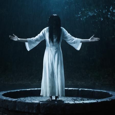 cinematic film still of  <lora:Kayako Saeki Sadako Yamamura:1>Sadako Yamamura a ghostly woman with her hair covering her face in a white dress standing in the rain behind a pit well with her arms raised up,solo,1other,blue theme,dark,tombstone , pale skin, supernatural, horror film, Japanese, extreme rage, sorrow, cinematic, film, movie, movie still, Ju-On The Grudge movie style, shallow depth of field, vignette, highly detailed, high budget, bokeh, cinemascope, moody, epic, gorgeous, film grain, grainy