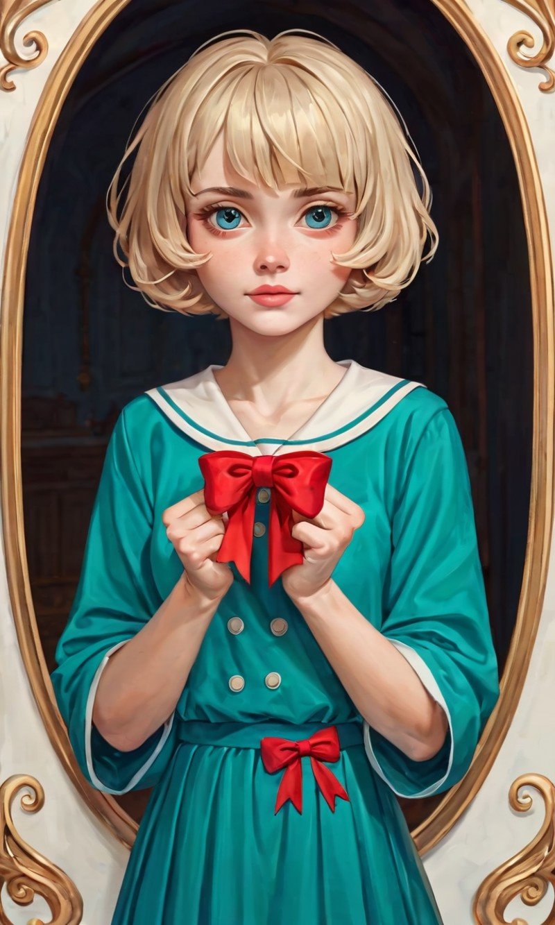 (masterpiece, best quality, very aesthetic, ultra detailed), score_9, score_8_up, score_7_up, highly detailed,  1girl,short hair, bow,  looking at viewer,  bow in hands