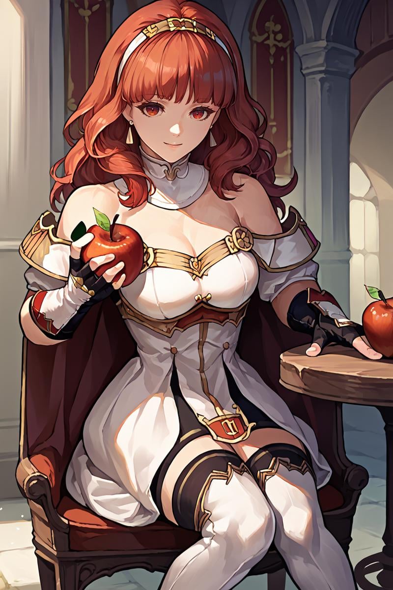 score_9, score_8_up, score_7_up, score_6_up, source_anime, BREAK 1girl, solo, <lora:fecelica-pdxl-nvwls-v1-000005:1> defCeli, red hair, red eyes, hairband, earrings, cape, detached collar, white dress, cleavage, bare shoulders, arm guards, fingerless gloves, black thighhighs, white boots, looking at you, smile, sitting in chair, table, holding apple, looking at you, indoors, medieval