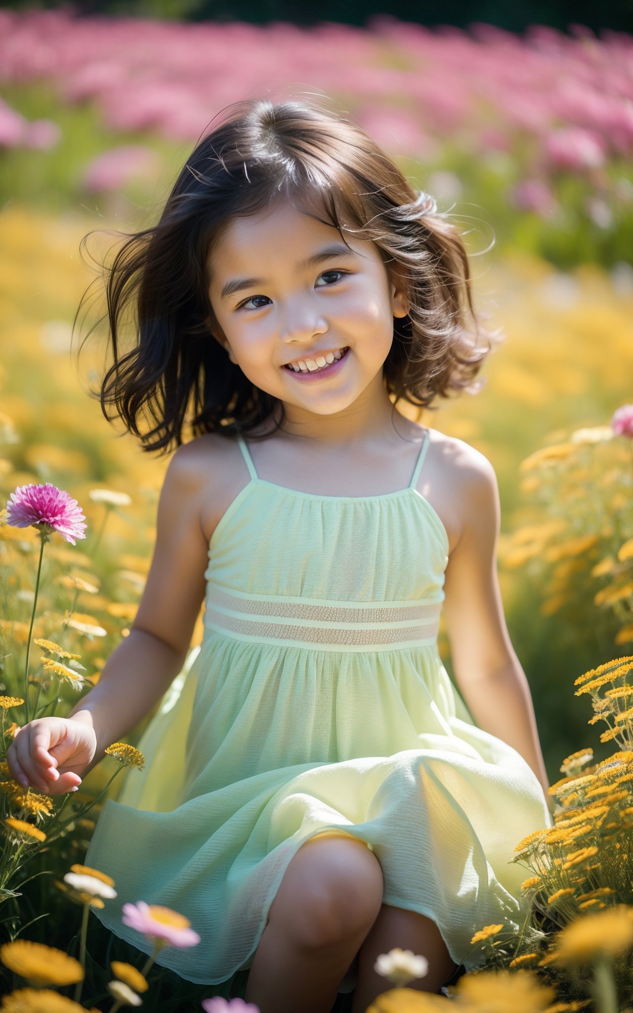 A young girl,adorned in a delicate sundress,gracefully tiptoes through a vibrant sea of wildflowers. Her golden curls bounce as she bends to pluck each blossom,her laughter mingling with the sweet fragrance of the flowers. Sunlight filters through the petals,casting a soft glow on her cherubic face,creating a scene of pure joy and innocence,