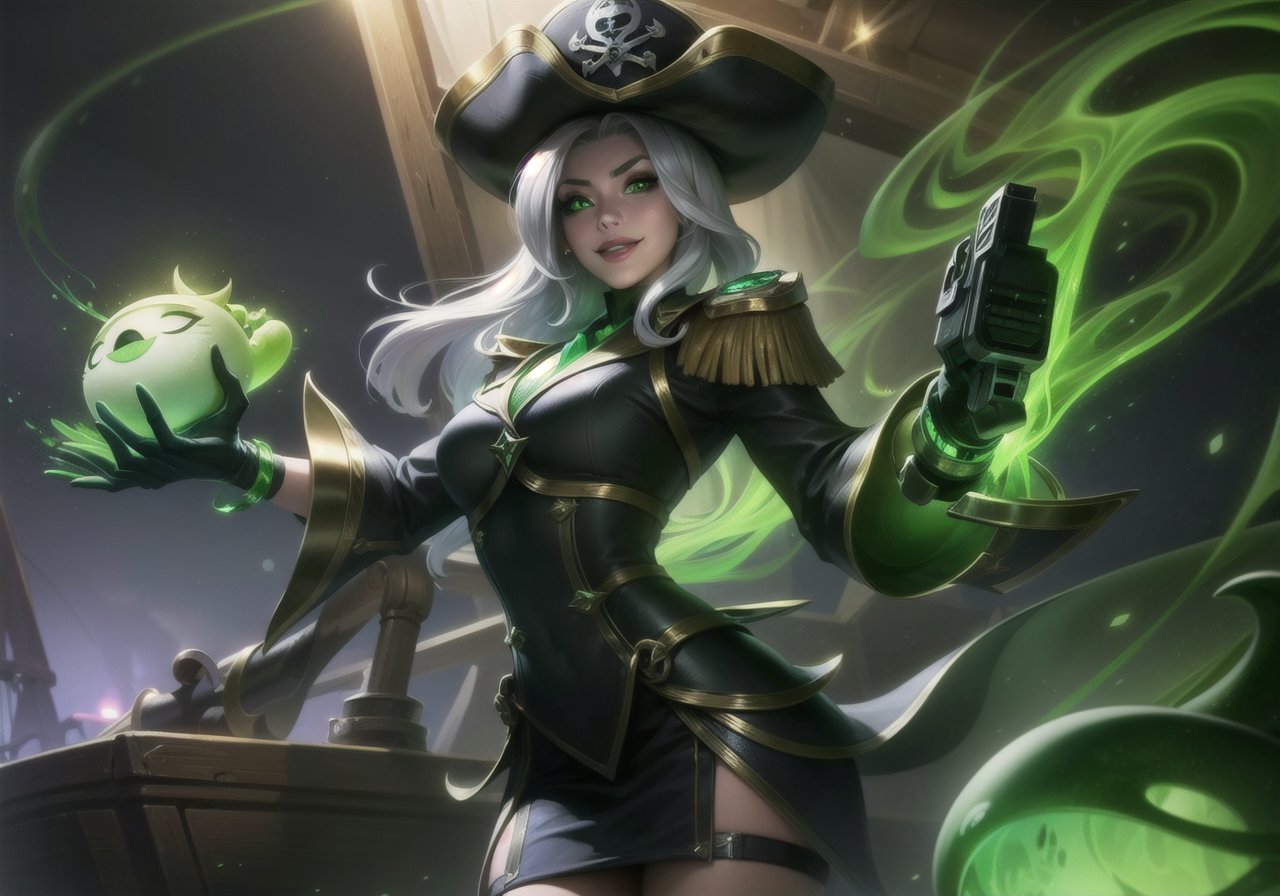 masterpiece,best quality),(detail face,perfect face),(cowboy_shot:1.3),lol style,game cg,Dynamic angle,1girl,pirate,glowing_eye,pirate_hat,silver hair,leather,dress,military_uniform,posing,smile,very_long_hair,),hair_spread_out,holding_gun,outdoors,ship deck,mast,sail,ocean,(night:1.1),(complex background:1.1),(green ghost fly),bright,green light,glowing,illuminatio,particle effects,Balance and coordination between all things,black_green theme,<lora:【moba】lol淘宝款:0.8>,