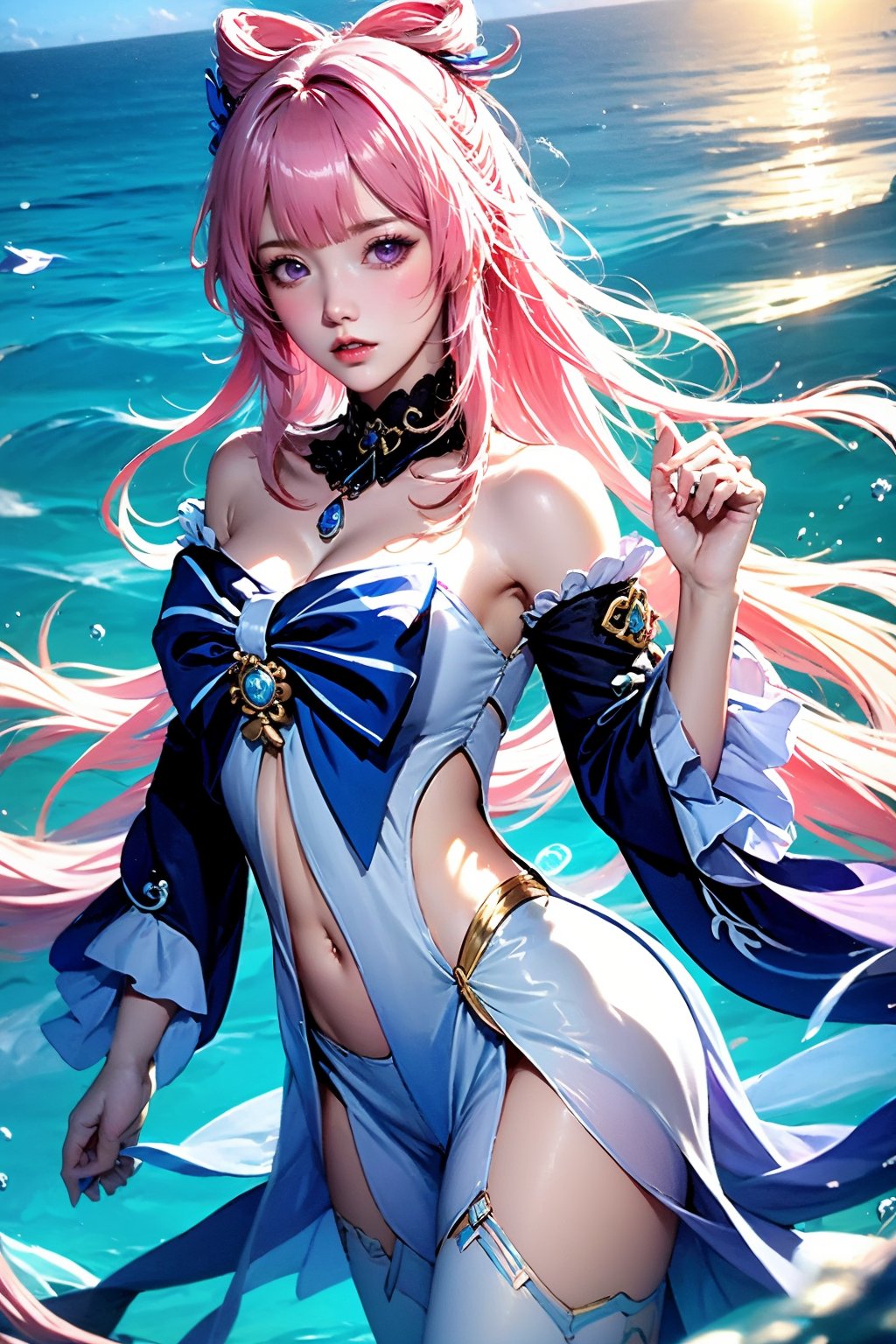 1girl, sangonomiya kokomi \(genshin impact\), breasts, solo, pink hair, bow-shaped hair, cleavage, looking at viewer, long hair, bare shoulders,i, breasts, solo, pink hair, bow-shaped hair, cleavage, looking at viewer, long hair, bare shoulders, water, multicolored hair, detached collar, parted lips, medium breasts, thighhighs, white thighhighs, lips, detached sleeves, colored tips, hair ornament, dress, purple eyes, hand up, vision \(genshin impact\), ocean, covered navel, very long hair, long sleeves, ponytail, fish, off shoulder, thighs, clothing cutout, gradient hair, lace-trimmed choker, sunlight, cowboy shot, bow, choker, sidelocks, blush, blunt bangs, standing, floating hair, jewelry, collar, fingernails, blue hair, frills, navel, wading, gem, two-tone hair, blue dress, open mouth, see-through, wide sleeves