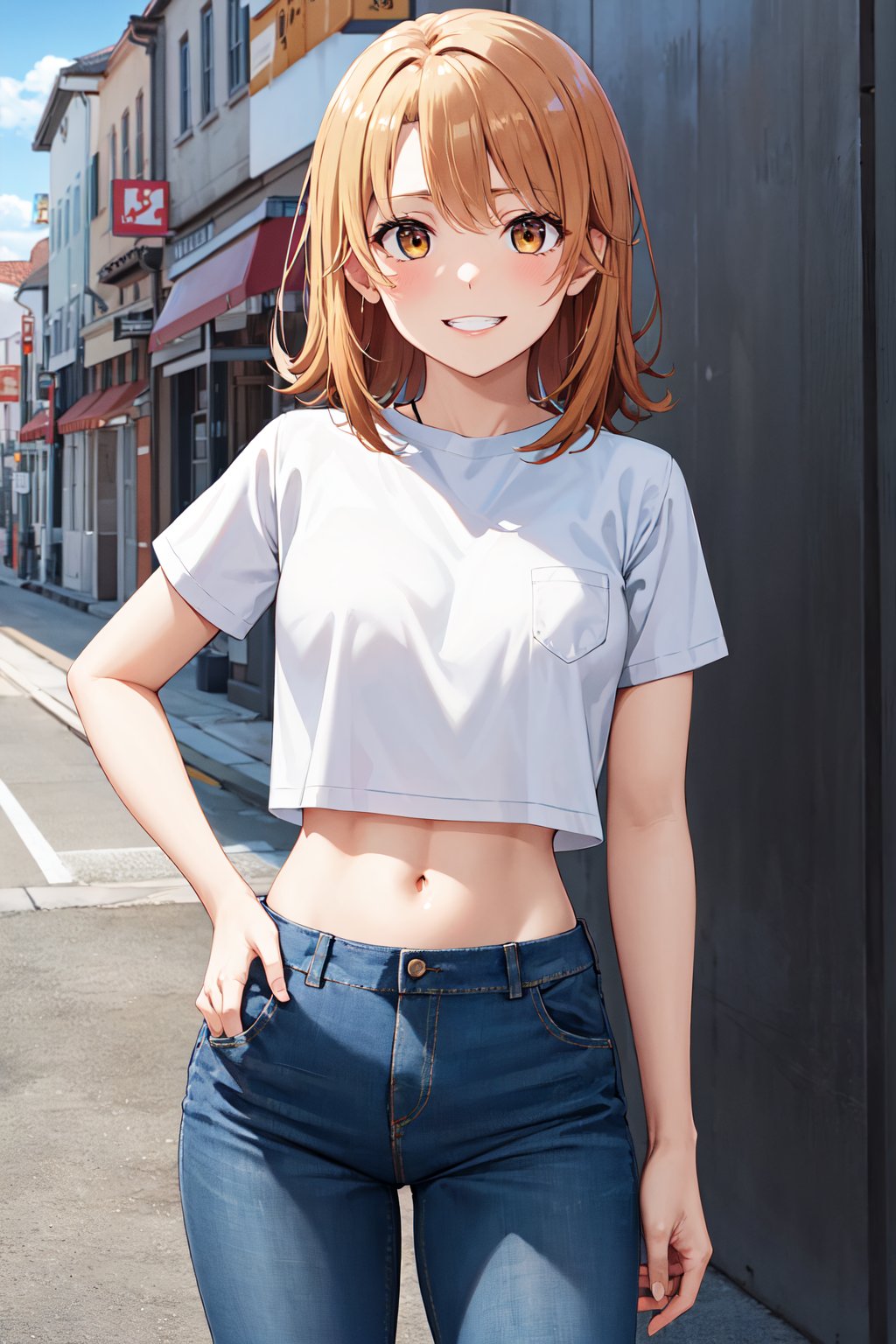 masterpiece, best quality, highres, aairoha, medium hair, <lora:isshiki_iroha_v1:0.7>, street, jeans, white shirt, t-shirt, crop top, midriff, grin, hand in pocket, cowboy shot, 