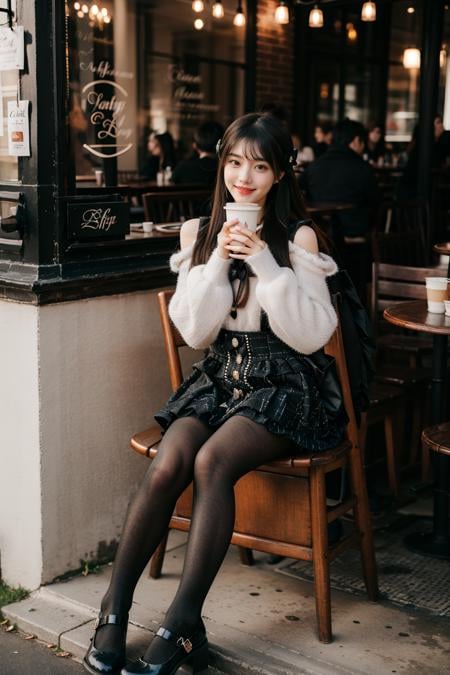 best quality, masterpiece, 1girl, solo, black hair, long hair, straight hair, looking at viewer, smile, sitting, full body, dating attire, sweater, white sweater, bow sweater, shoulder cutout, skirt, buttons skirt, suspender skirt, pantyhose, shoes, in cafe, coffee, people, detailed background, <lora:dating_attire_style8_v1:0.7>, <lora:Background Detail Enhanced_Si_v3.0:1.2>