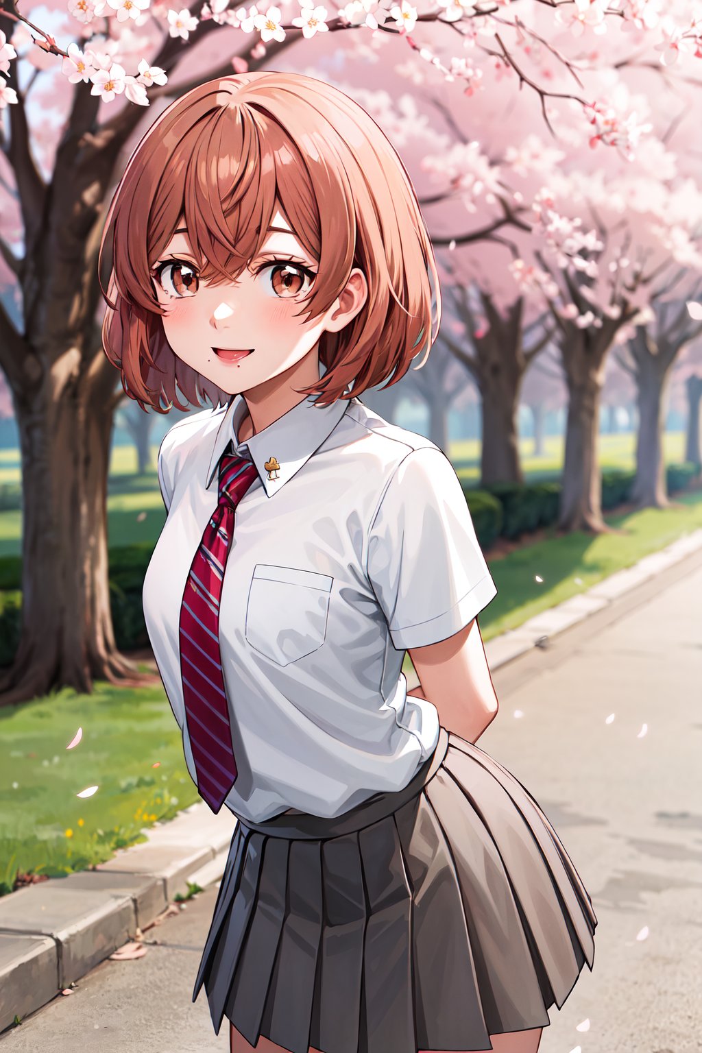 masterpiece, best quality, highres, 1girl, solo, short hair, brown hair, brown eyes, mole, striped necktie, collared shirt, white shirt, short sleeves, pleated skirt, grey skirt, <lora:tachibana_hinata_v1:0.7>, standing, outdoors, smile, arms behind back, leaning forward, cherry blossoms, 