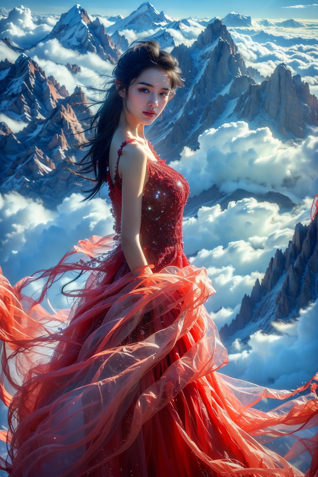 sdzs01,1girl,long hair,mountain,solo,cloud,red dress,black hair,looking at viewer,outdoors,blue sky,bare shoulders,cloudy sky,scenery,<lora:sdzs1.5:0.8>,, best quality, ultra-detailed, masterpiece, finely detail, highres, 8k wallpaper