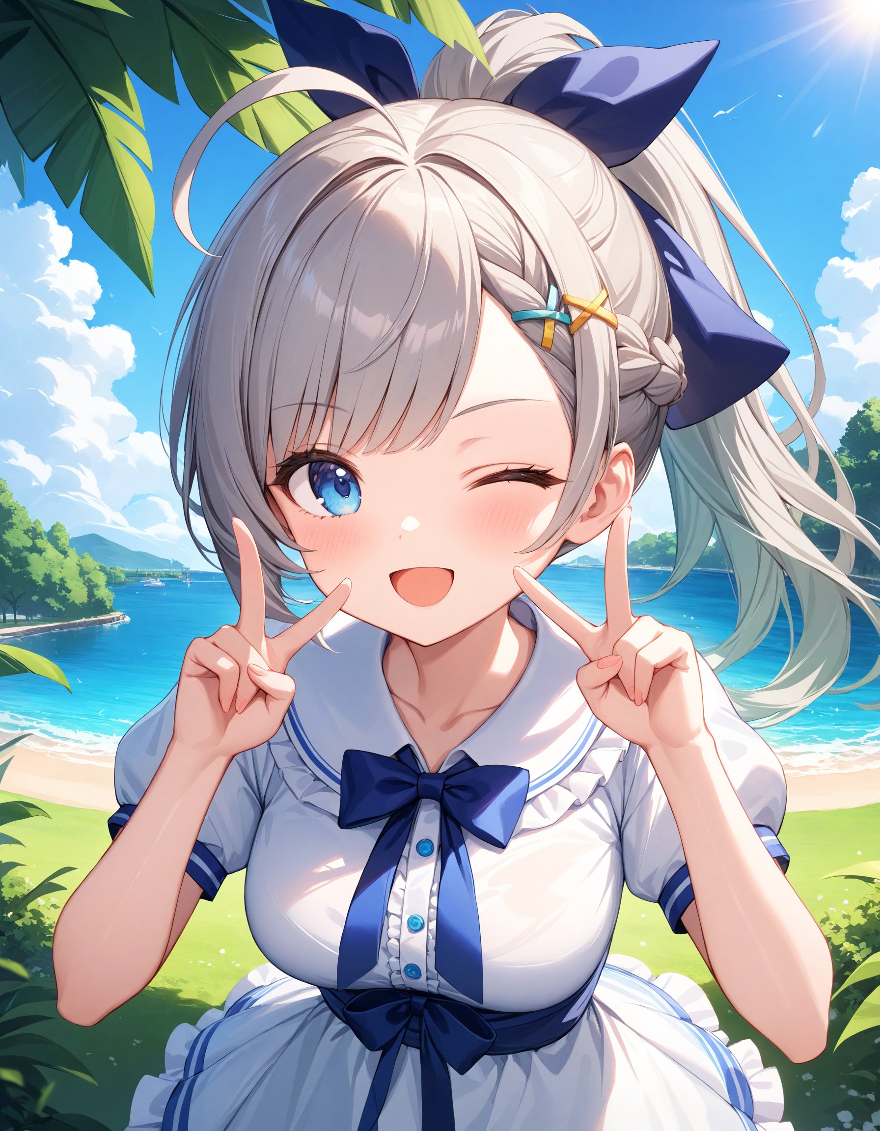 Depth of field. Upper body shot. Shooting from front. A cute girl. Solo. :D. (Double v:1.15). Looking at viewer. (Cute round face:1.1). Detailed dark-blue eyes. Tareme. One eye closed. Long wavy high (ponytail:1.2). Ribbon hair ornament. (Gray hair:1.1). (Gray inner hair:1.1). Left side french braid. Ahoge. Asymmetrical bangs. Detailed body. Medium breasts. White tacked-in shirt. Bowtie. Puffy short sleeves. Ruffled skirt. Fashionable green park. Lush greenery. Ocean view. Blue sky. Summer. Daytime. (Sunbeam:1.4). Intricate details. Extremely detailed. Outstanding intricacies. (Masterpiece:1.2). (Best quality:1.2). (Absurdres absolutely resolution:1.4).