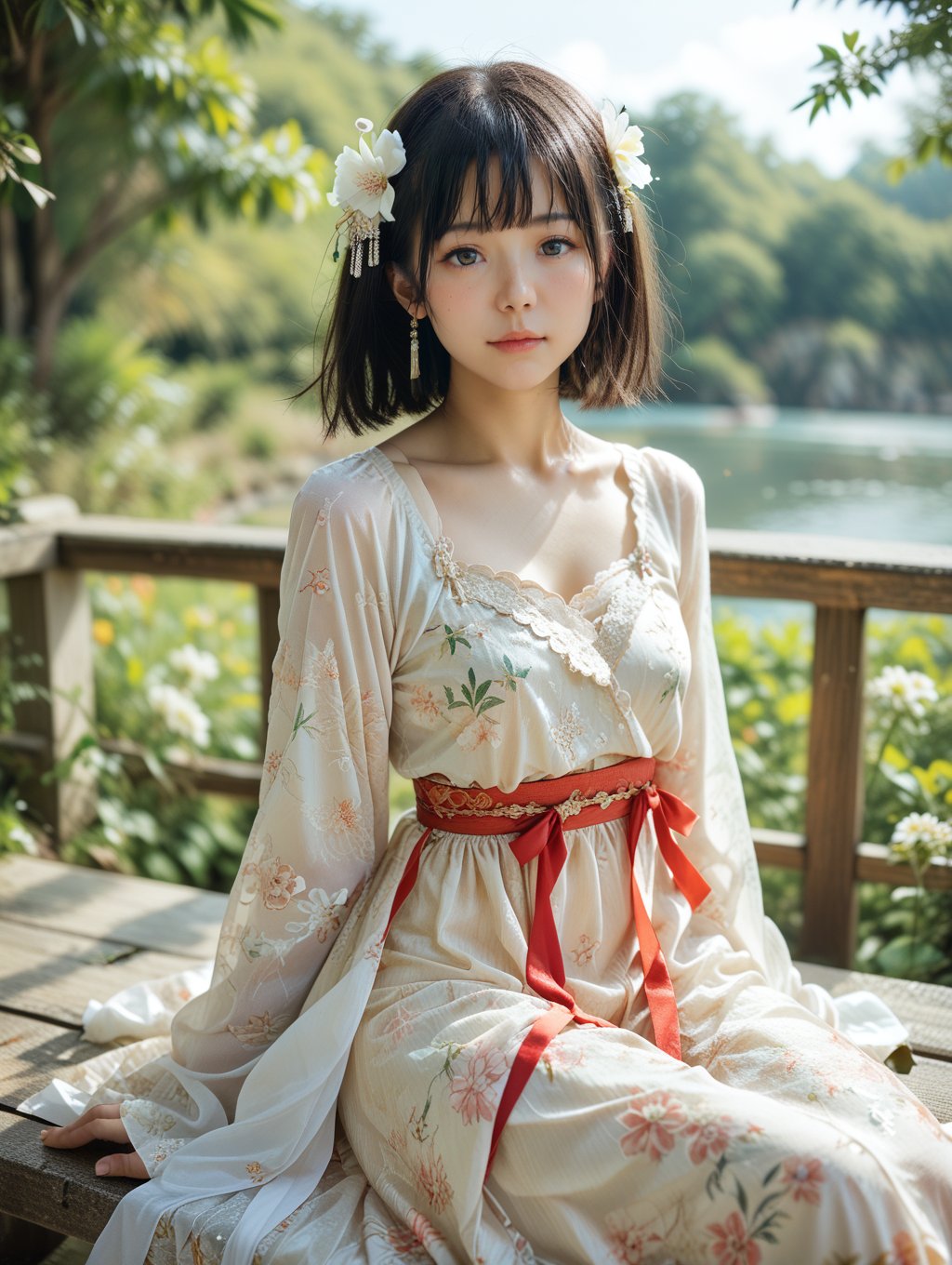 score_9, score_8_up, score_7_up,source_real,real skin,BREAK1girl, sitting, outdoors, sky, medium hair, hair flower,  <lora:платья:0.3> ,hanfu_dress,