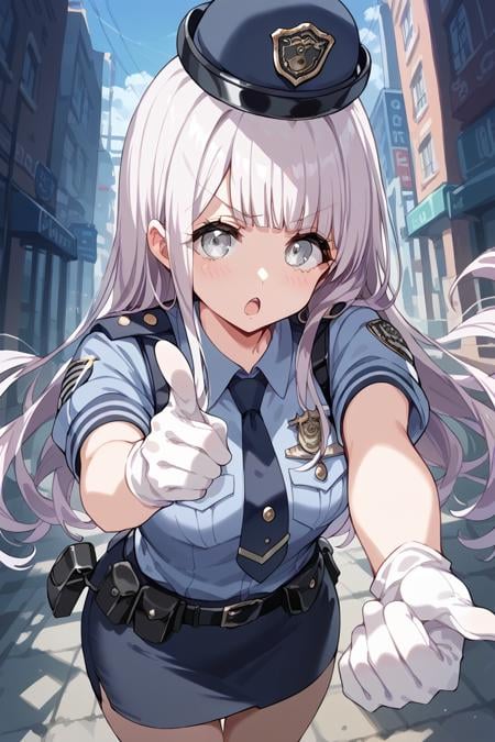 score_9, score_8_up, score_7_up, score_6_up, 1girl,<lora:Izumo_Saki:0.9> saki, long hair, grey eyes, police uniform, short sleeves, black skirt, white gloves, pointing