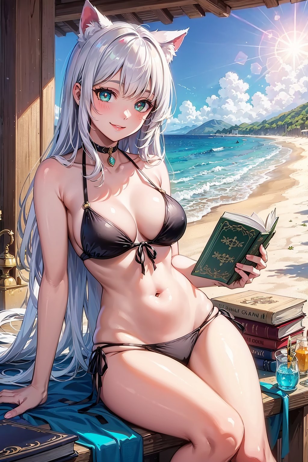 ((8K, masterpiece:1.2, best quality)),1girl,solo,(white long hair),swept back hair,blue sky,books,notebooks,ultra detailed moss green eyes,ultra detailed background,smile,((scenery)),((lens flare)),1 little girl cat ears silver long hair red eyes black folded long dress,many [bottles:sphere:0.2],golden light,mana light,star trail,colorful,((beach scenery)),ray light,smile:1.2,(bikini),bikini ornament,many crystals in wooden chest,golden light,[crystal:daylight:0. 5],botanical ornaments,botanical books,potion in glass bottle,(bioluminescence:1.2),vibrant color,bright pupils,(realistic shades),