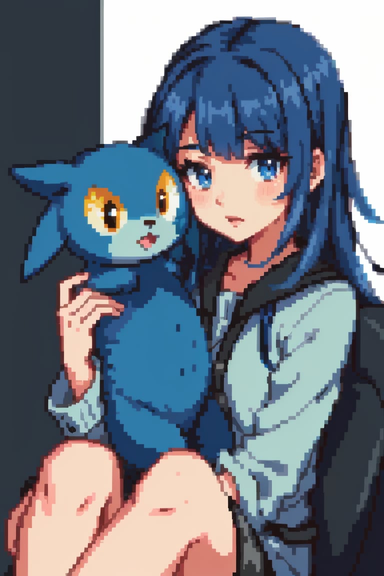 ((HRD, HUD, 8K)),((masterpiece, best quality)), highly detailed,1girl, blue hair, holding, pokemon (creature), solo