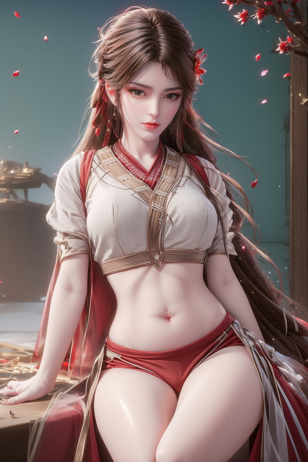 8k,RAW photo,best quality,masterpiece,hatching (texture),skin gloss,light persona,artbook,extremely detailed CG unity 8k wallpaper,official art,(high detailed skin),glossy skin,contrapposto,female focus,sexy,fine fabric emphasis,wall paper,leaning_on_object,leaning,1girl,solo,red_lips,makeup,very long hair,hair ornament,midriff,navel,fate/stay night,(red theme:1.4),depth of field,blue circle,snow,petals,branch,y-hd,s-hd,<lora:0405采桑女64:0.8>,ll-hd,<lora:1111白皙质感:0.5>,ty-hd,<lora:0110田野:0.6>,