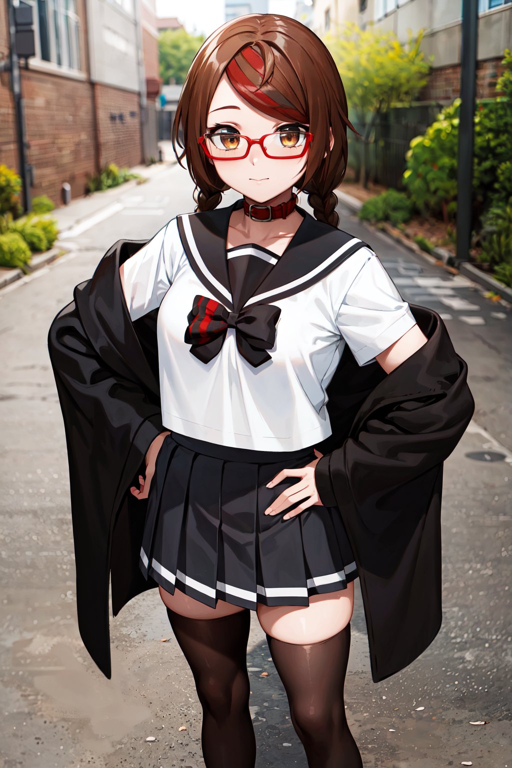 masterpiece, best quality, highres, aamisaki, twin braids, multicolored hair, brown eyes, red-framed eyewear, red collar, serafuku, sailor collar, multicolored bow, sailor shirt, white shirt, (off shoulder:1.2), black jacket, pleated skirt, black skirt, black thighhighs, <lora:sakimiya_misaki_v1:0.7>, alley, hand on hip, standing