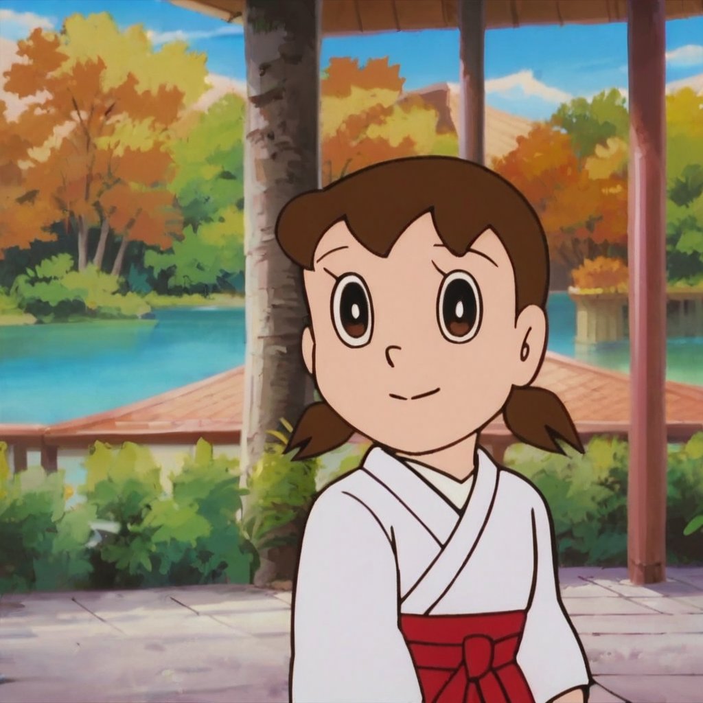 score_9, score_8_up, score_7_up, score_6_up, score_5_up, score_4_up, source_anime,minamoto shizuka,1girl, solo, japanese clothes, brown hair,miko, brown eyes, smile, twintails, outdoors, hakama, looking at viewer, skirt, short hair, day, short twintails, hakama skirt, tree, red hakama, long sleeves,masterpiece, perfect face, best quality, beautiful girl, cute girl, beautiful eyes, shiny eyes, anime coloring, anime screencap, absurdres, outdoors, <lora:minamoto shizuka hask 912:0.8> <lora:minamoto shizuka auti 918:0.8>