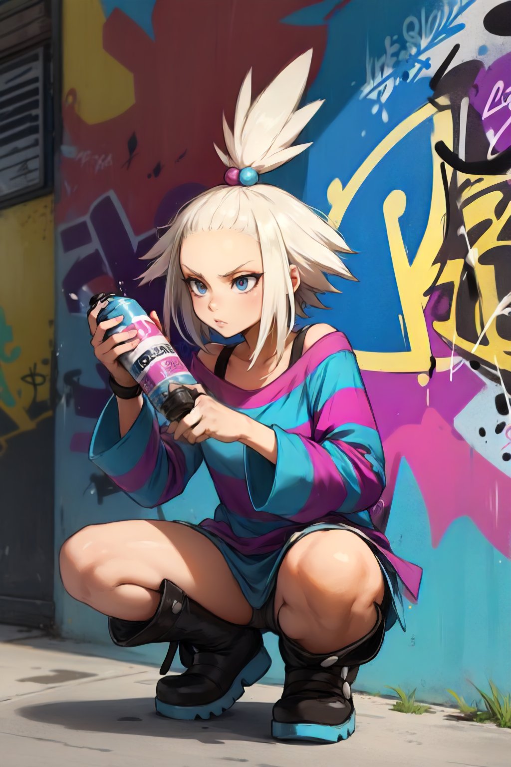 <lora:PKMN_Roxie-DEF:0.7> roxie (pokemon), top knot, oversized shirt, boots, striped shirt, squatting, streets, graffiti wall, holding spray can