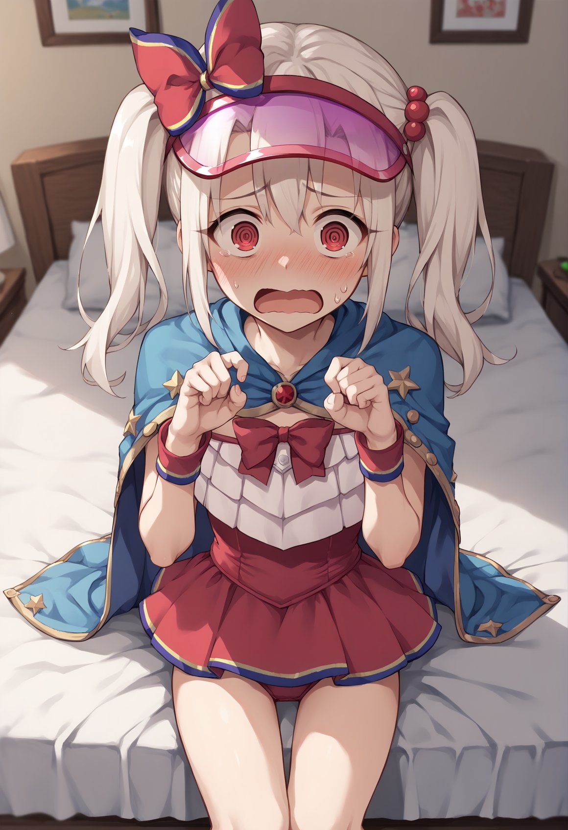 1girl, white hair, red eyes, long hair, twintails, bow, dress swimsuit, visor cap, cape, wristband, blushing, nervous, open mouth, looking at viewer, panicking, @ @,  sitting, hands up, indoors, bedroom, bed, cowboy shot <lora:Illya_IQ2:1>, score_9, score_8_up, score_7_up, score_6_up, score_5_up, score_4_up, BREAK source_anime, masterpiece