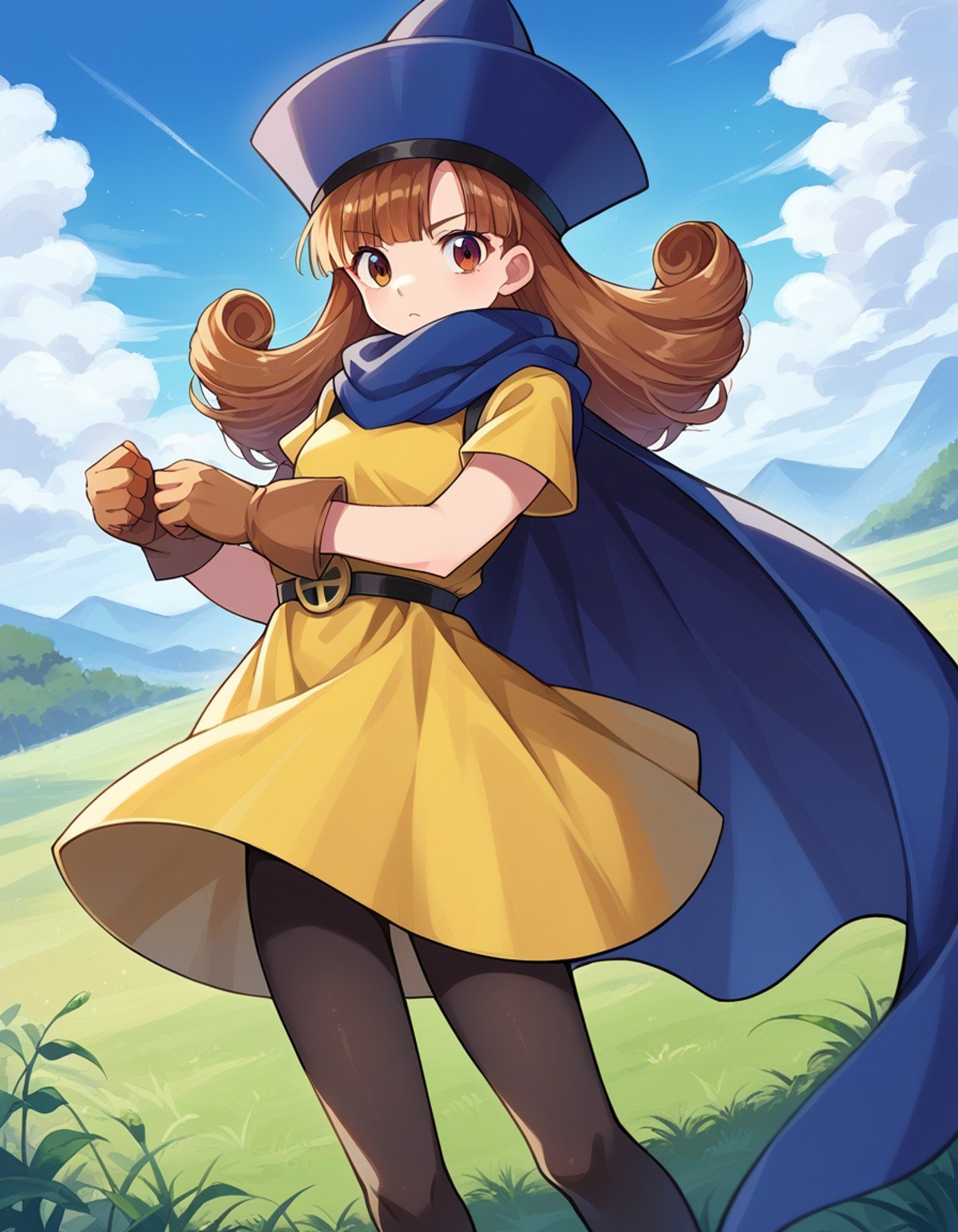 score_9, score_8_up, score_7_up, source_anime,dqalena, <lora:dq-alena-ponyxl-lora-nochekaiser:1>,alena, brown eyes, brown hair, curly hair, long hair,cape, dress, gloves, hat, pantyhose, yellow dress, scarf, short sleeves,outdoors, plains, grass,looking at viewer, dutch angle, cowboy shot,