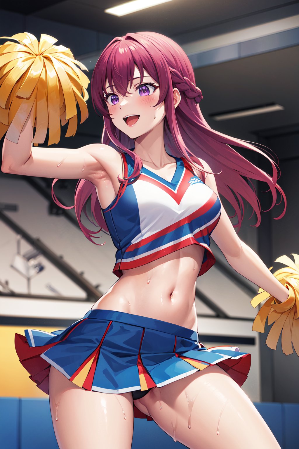 masterpiece, best quality, highres, 1girl, solo, long hair, purple hair, braid, purple eyes, <lora:makuzawa_ouka_v1:0.7>, cheerleader, pom pom \(cheerleading\), miniskirt, sweat, smile