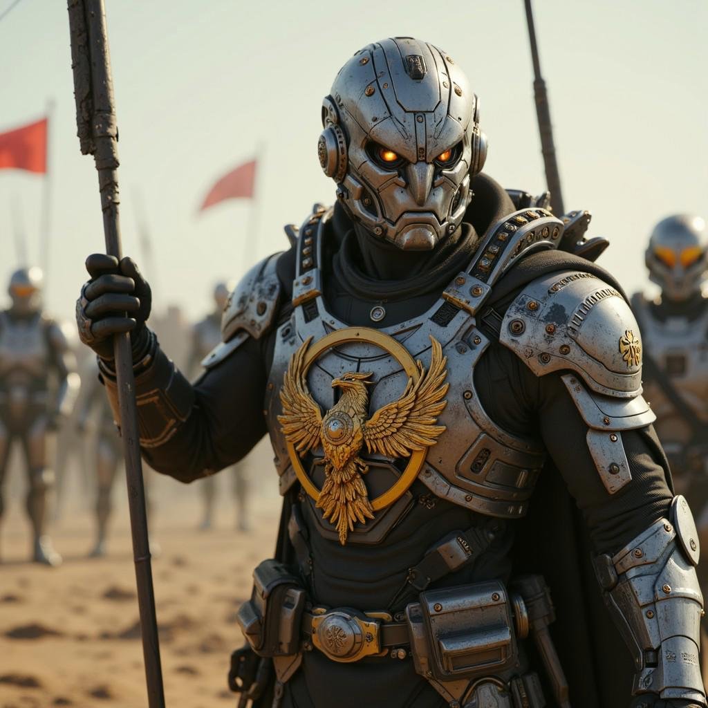 a dynamic actionscene of a  far future  imperial elitesoldier (cyberpunk2077, dune) wearing a blackenend tactical armor with silver details, with the a golden stylized symbol of the phoenix embracing a circle around it. behind him elitesoldiers follow him into battle, as they listen to the orders of their commander. the imperial banner is hold by one of the soldiers and is waving in the wind. behind them you see metal chromed dropships standing on the ground. it's a detailed scene, with a bladerunner feel, cinematic in scope. extreme detailed textures and materials. volumetric lighting and volumetric fog. raytracing and pathtracing. 