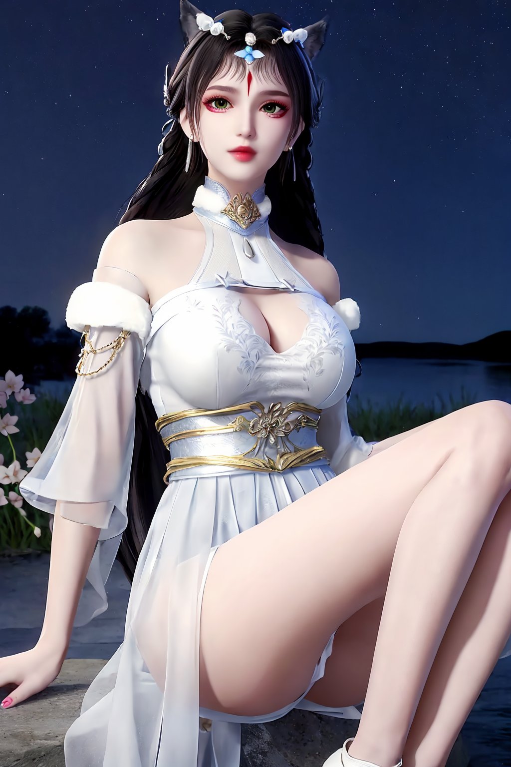 dancing, dress, chinese_clothes, long_sleeves, looking_at_viewer, (scenery, waterfall, (cherry_blossoms), (milfeulle_sakuraba), (petals, falling_petals), full_moon, moon, night, moonlight, night_sky, sky, petals, water, stone),1girl, solo, black_hair, green_eyes, long_hair, hair_ornament, facial_mark,  jewelry, earrings, makeup, cleavage, white_legwear,fingernails,nail_polish,photo_\(medium\),(8k, RAW photo, best_quality),(masterpiece:1.2),(realistic:1.2), (photorealistic:1.3),(ultra-detailed),(extremely_detailed_cg_8k_wallpaper),(crystal_texture_skin:1.3), (shiny_skin:1.4),(extremely_delicate_and_beautiful),<lora:syqiangk_加强_雪F烟_C9_5.2:0.8>,